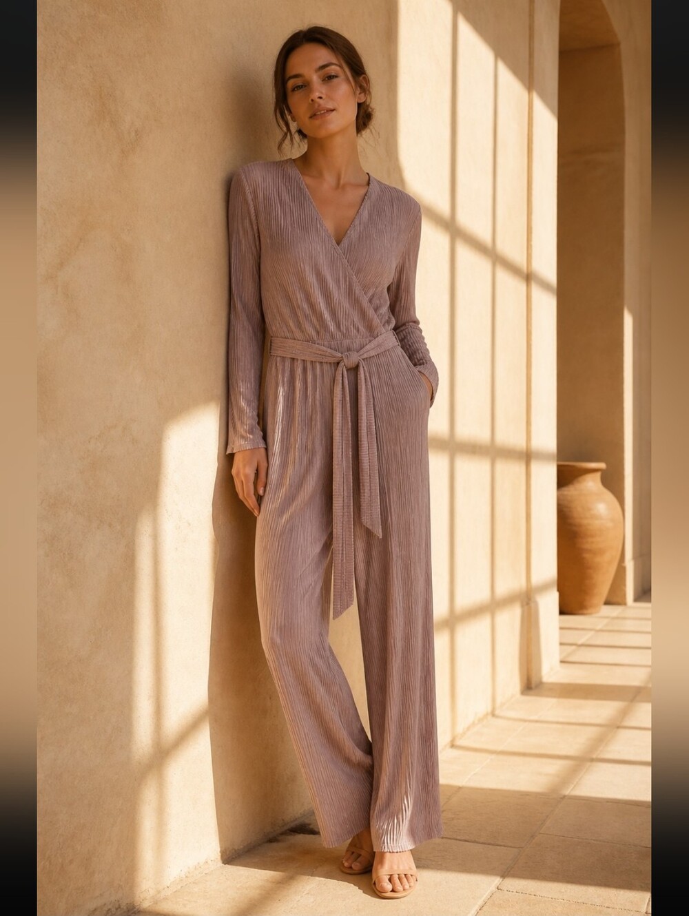 POOF Pleated Wrap Jumpsuit in Dusty Mauve With Matching Belt Women's Size Large